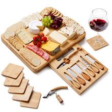 Load image into Gallery viewer, Extra Large Bamboo Cheese Board Set- Charcuterie Wooden Board - Serving Platter Tray and Knife Set - Housewarming Gift for Women - Family - Friends
